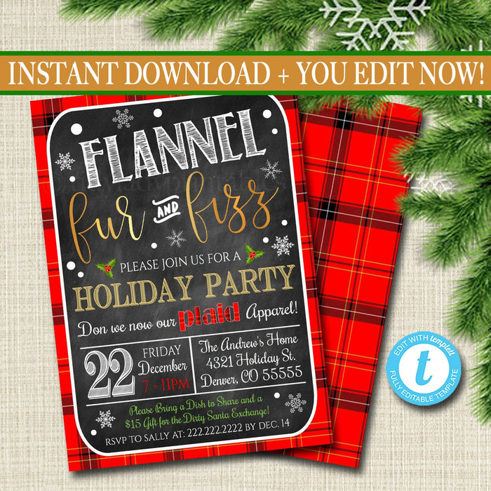 Flannel Fur & Fizz Xmas Party Invitation, Christmas Party Invite, Holiday Cocktail Party  Plaid Invitation,