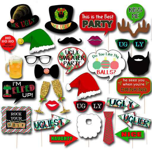 Printable Ugly Sweater Photo Booth Props, Selfie Station Grab a Prop Christmas Decor, Printable Art INSTANT DOWNLOAD Xmas Ugly Sweater Party