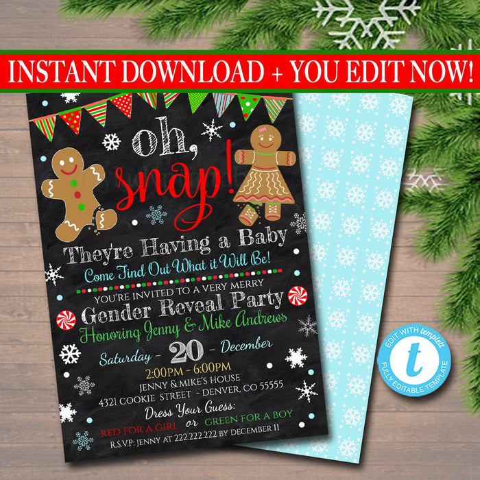 Gender Reveal Party Invitation, Christmas Invite, Cookie Baby Shower, What the Elf is it Going to Be, Oh Snap!,
