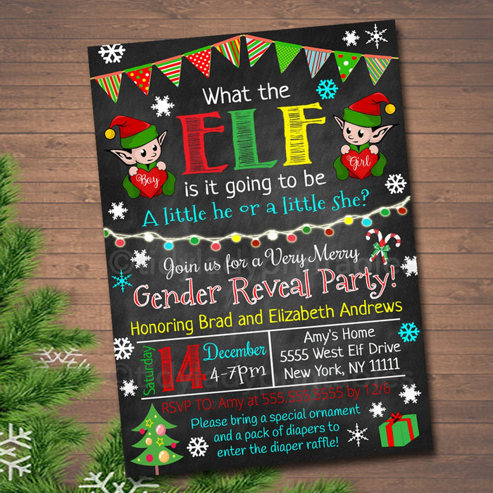 Gender Reveal Party Invitation, Christmas Invite, Holiday Baby Shower, What the Elf is it Going to Be, Santa Baby,