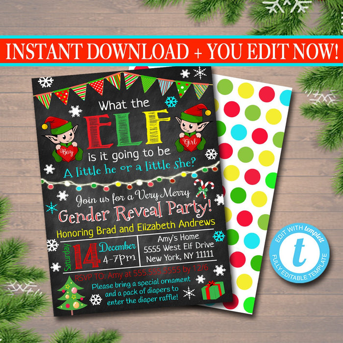 Gender Reveal Party Invitation, Christmas Invite, Holiday Baby Shower, What the Elf is it Going to Be, Santa Baby,
