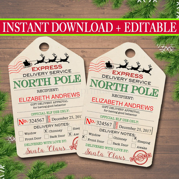 EDITABLE North Pole Delivery Tags, Santa Gift Tags, Santa's Nice List, Holiday Gift Labels Template, Elf Delivery Tags, INSTANT DOWNLOAD