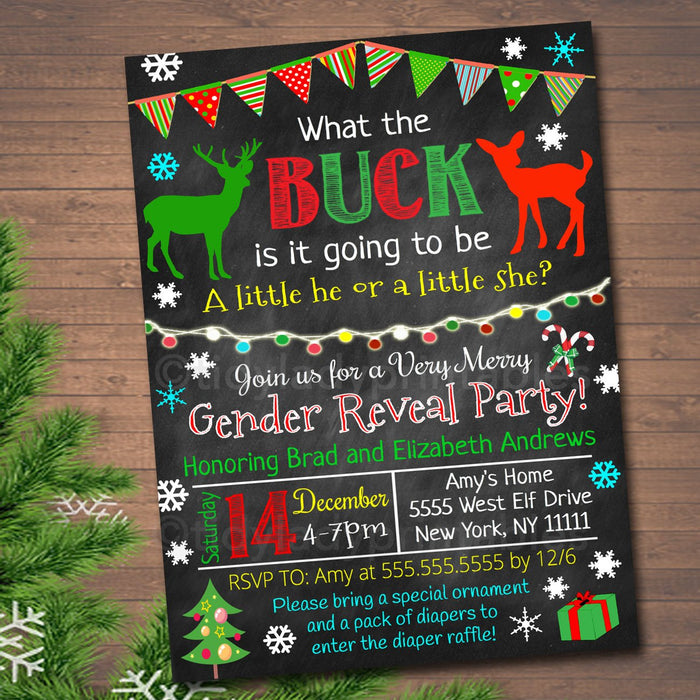 Gender Reveal Party Invitation, Christmas Invite, Holiday Baby Shower, What the Buck is it Going to Be Santa Baby,