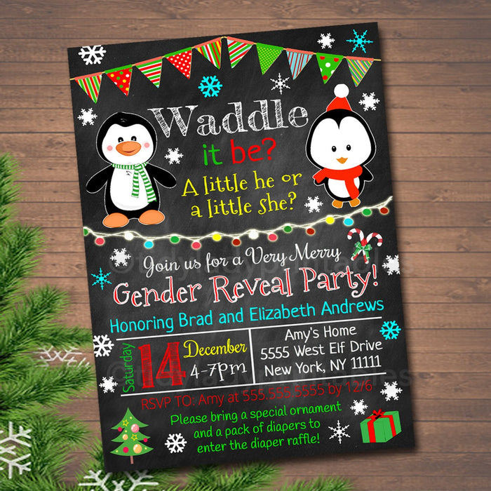 Gender Reveal Party Invitation, Christmas Invite, Holiday Baby Shower, Waddle it Be Penguin Invitation Santa Baby,