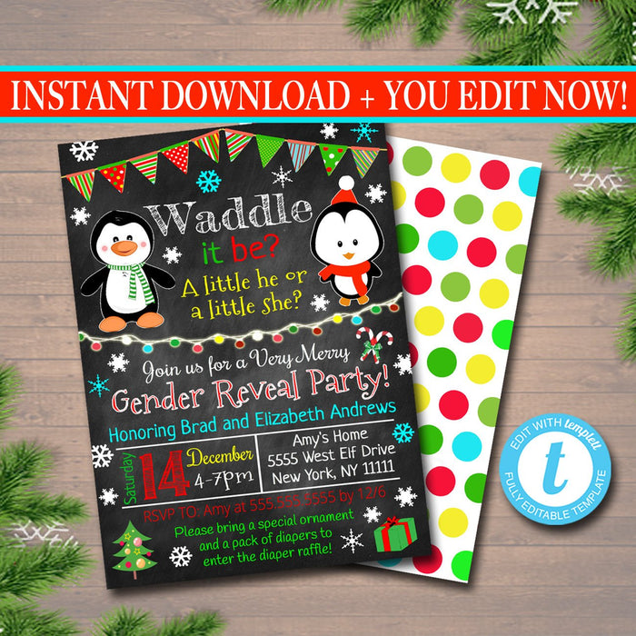 Gender Reveal Party Invitation, Christmas Invite, Holiday Baby Shower, Waddle it Be Penguin Invitation Santa Baby,
