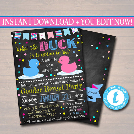 EDITABLE Gender Reveal Party Invitation, What the Duck is it going to be He or She, Baby Shower, Team Pink Team Blue Invite INSTANT DOWNLOAD