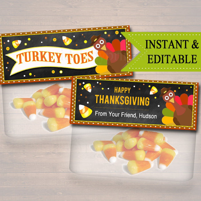 EDITABLE Thanksgiving Treat Bag Toppers, Thanksgiving Favor Tags, Turkey Toes Candy Corn Labels, Printable Kids Labels, INSTANT DOWNLOAD