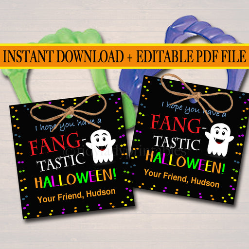 EDITABLE Fang Tags, INSTANT DOWNLOAD, Printable Kids Non-Candy Gift, Hope Your Halloween is Fangtastic, Teacher Classroom Halloween Treats
