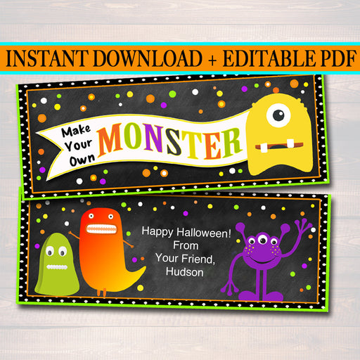 Make Your Own Monster Treat Bag Toppers, Halloween Favor Tags, Monster Party Favor Labels, Printable Trick or Treat, School Kids Halloween