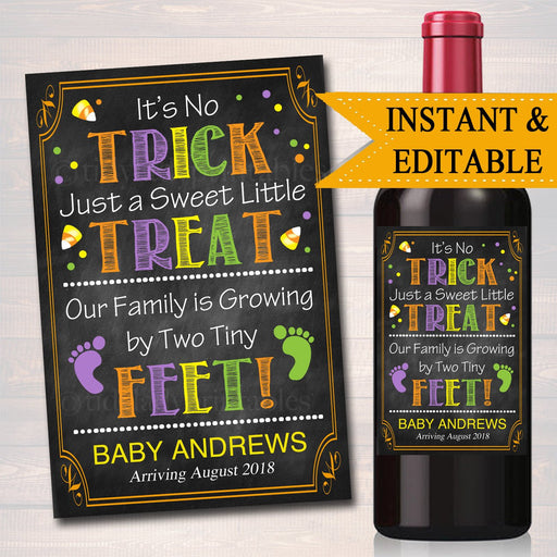 EDITABLE Wine Label Halloween Pregnancy Announcement Printable Chalkboard, Fall Pregancy Reveal, Not a Trick Just a Treat, INSTANT DOWNLOAD