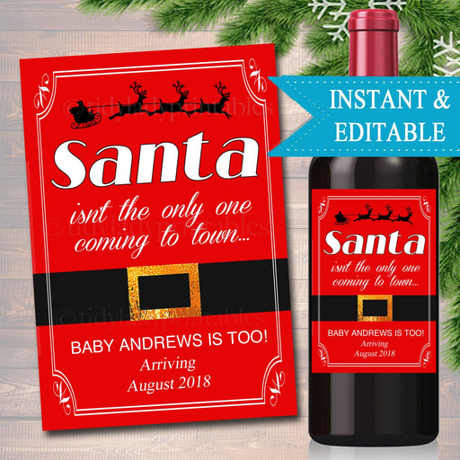 EDITABLE Pregnancy Announcement Wine Label, Christmas Printable Wine Label Holiday Bundle of Joy, Santa Baby Coming Soon INSTANT DOWNLOAD