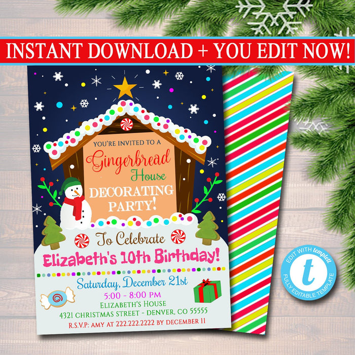 Gingerbread House Decorating Party Invitation, Christmas Party Invite Holiday Cookie Birthday Invite Kids Xmas, Ugly Sweater Invite