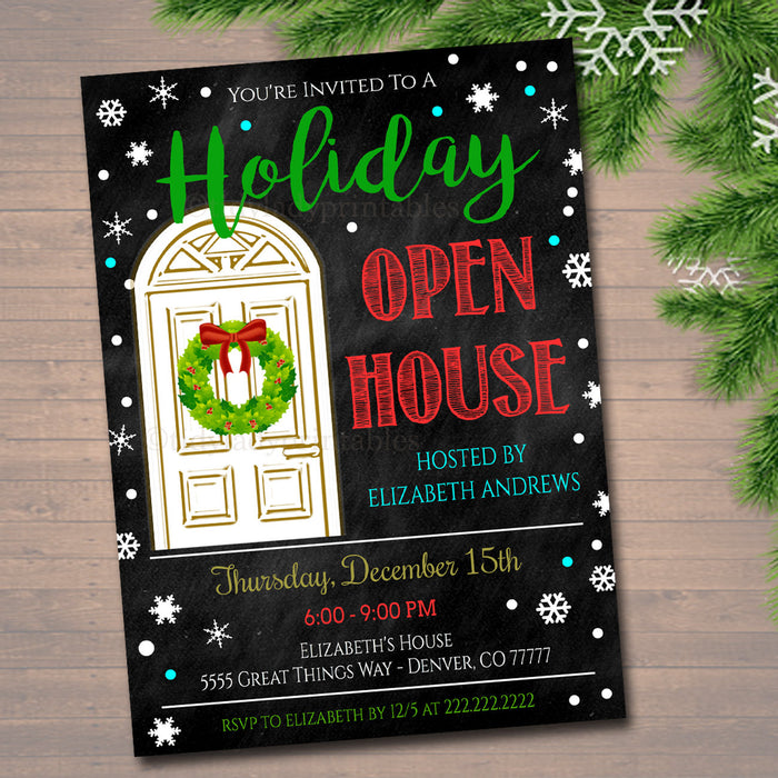 Holiday Open House Party Invitation, Christmas Party Invite, Holiday Cocktail Party  Chalkboard Invitation,