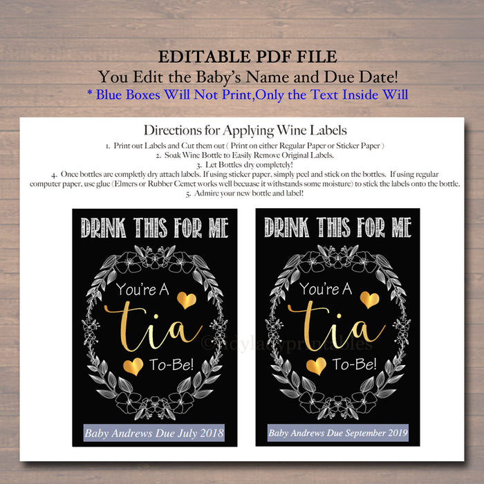Drink This For Me You're A Tia To Be, Digital Wine Label Pregnancy Announcement, New Aunt Gift, Sister Promoted to Auntie Pregnancy Reveal