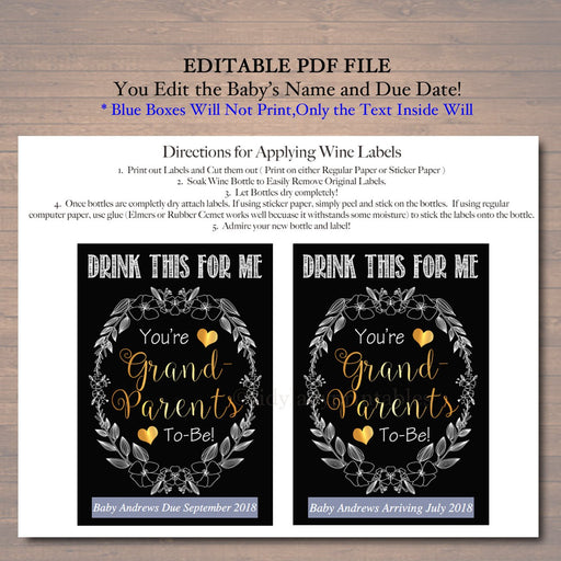 Drink This For Me Your Grandparents to Be Beer & Wine Label Pregnancy Announcement INSTANT and EDITABLE, Parents Promoted Pregnancy Reveal