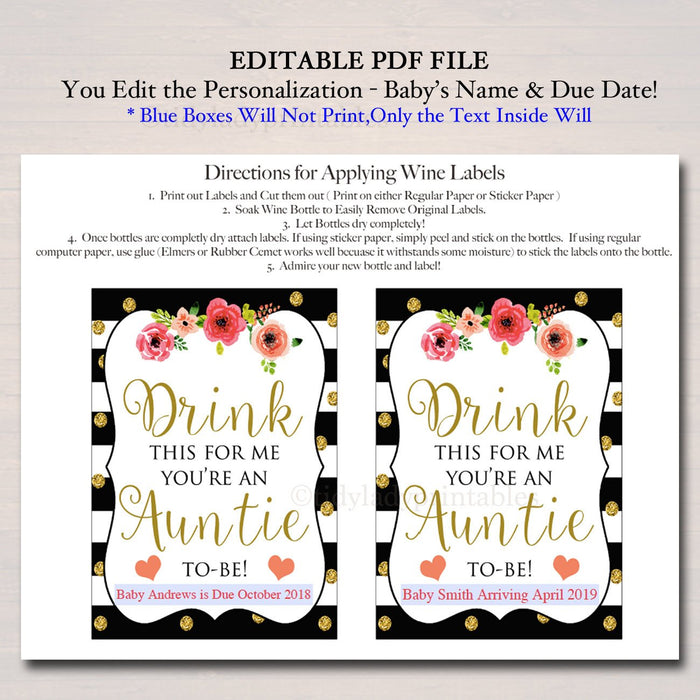 Drink This For Me You're An Auntie To Be, Digital Wine Label Pregnancy Announcement, New Aunt Gift, Sister Promoted to Aunt Pregnancy Reveal