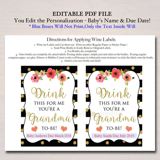 Drink This For Me Your A Grandma to Be Beer & Wine Label Pregnancy Announcement INSTANT and EDITABLE, Parents Mom Promoted Pregnancy Reveal