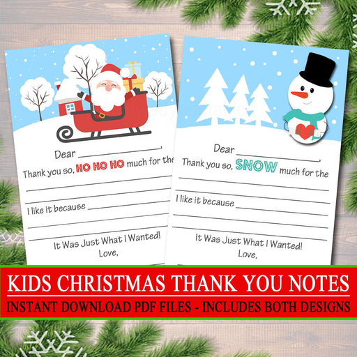 Kid's Christmas Thank You Cards, INSTANT DOWNLOAD, Printable Fill In The Blank Christmas Notes, Xmas Letter Santa, Thank You Snow Much