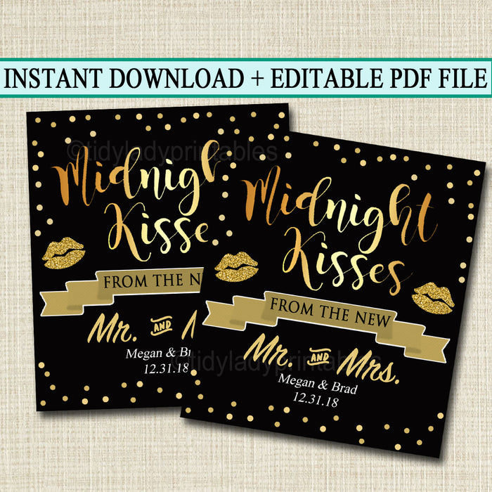 EDITABLE Midnight Kisses Wedding Favor Tags, From the Mr. and Mrs. New Years Eve Day Wedding Black and Gold Party Favor Tag INSTANT DOWNLOAD