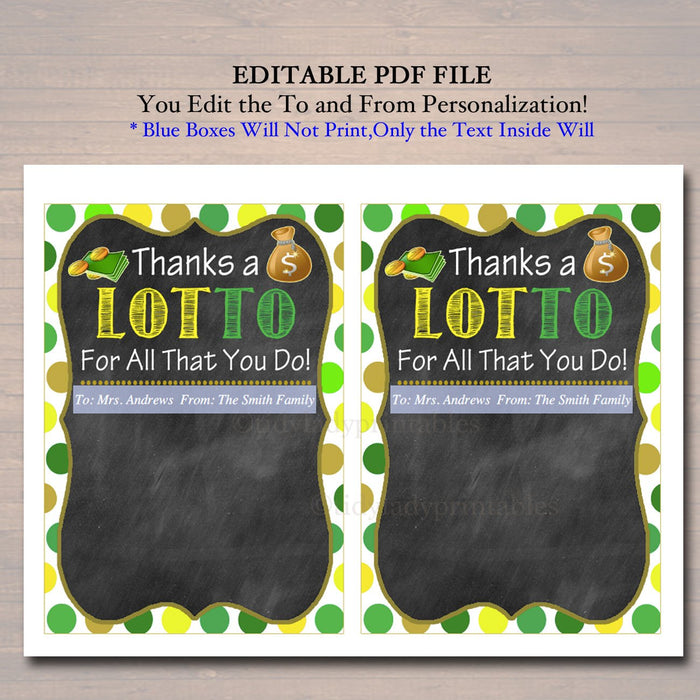 EDITABLE Thank You a Lottery Gift Card Holder, Printable Teacher Appreciation, Xmas Coach Gift, INSTANT DOWNLOAD Nanny Babysitter Gift Card