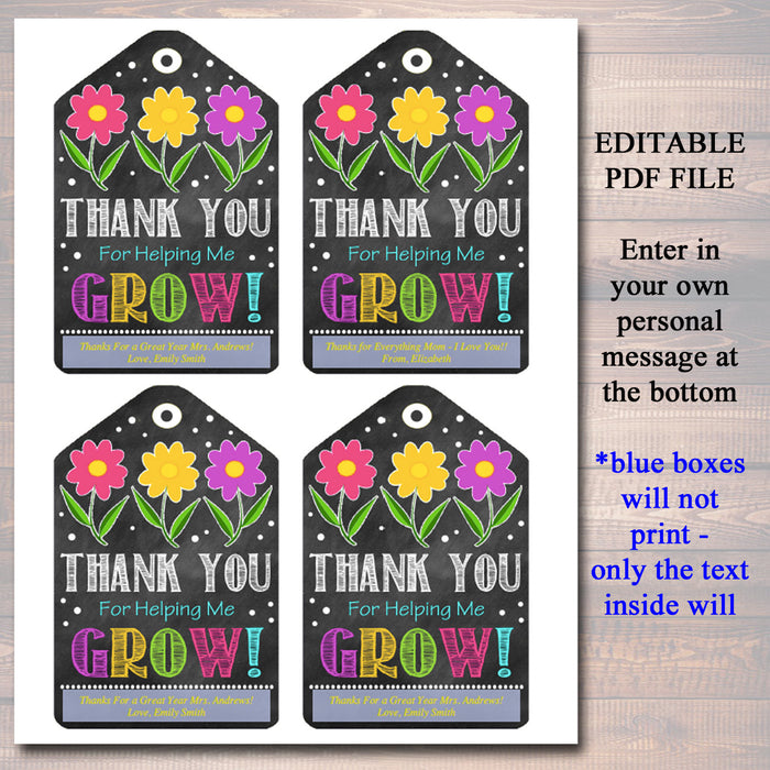 EDITABLE Printable Gift Tags Thank You For Helping Me Bloom, Mother's Day, Teacher Gift Nanny Daycare Babysitter Gift Tags INSTANT DOWNLOAD