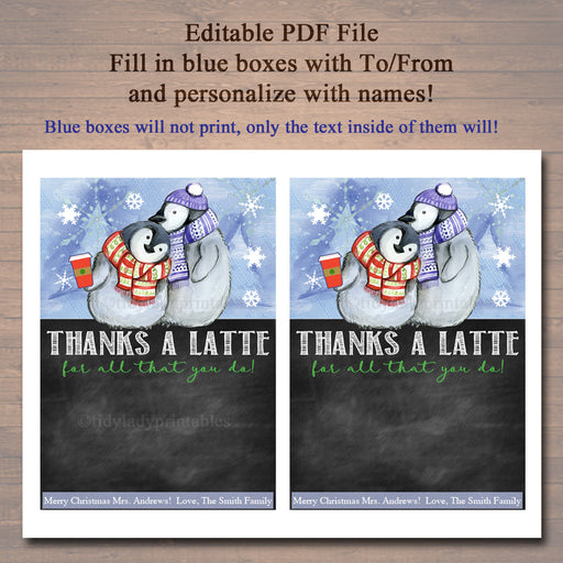 EDITABLE Coffee Card Holder, Thanks a Latte Holiday Gift Card Holder, Printable Stocking Stuffer, Holiday Teacher Gifts, INSTANT DOWNLOAD