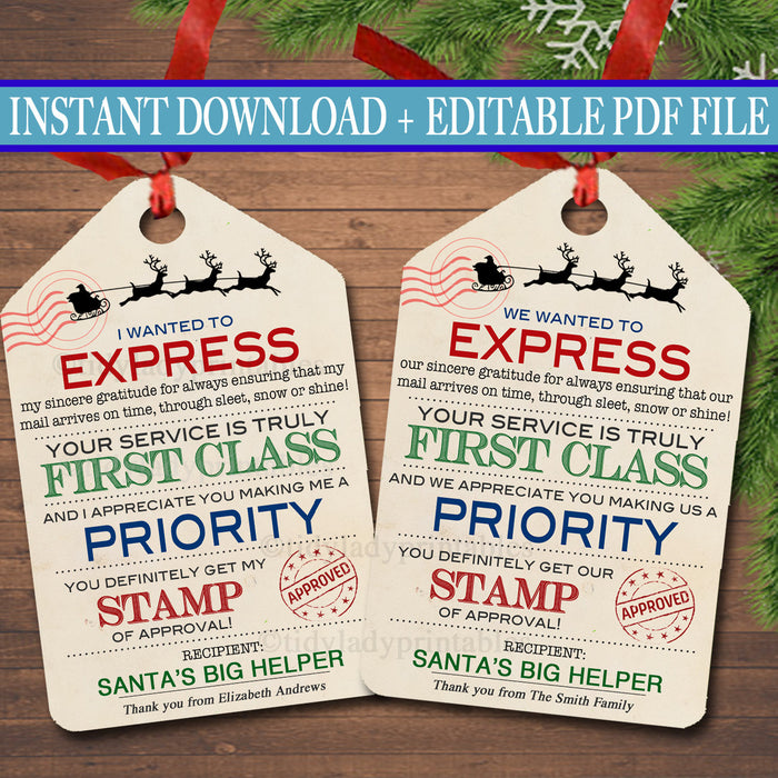 EDITABLE Xmas Mailman Gift Tags, Santa Gift Tags, Holiday Gift Labels Template, Christmas Delivery Postal Worker Gift Label INSTANT DOWNLOAD