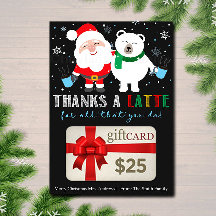 EDITABLE Coffee Card Holder, Thanks a Latte Holiday Gift Card Holder, Printable Stocking Stuffer, Holiday Teacher Gifts, INSTANT DOWNLOAD