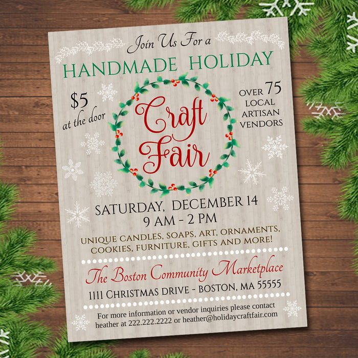 Holiday Craft Fair Flyer, Christmas Craft Show Invitation Christmas Party Invitation Printable Community Holiday Event Church Flyer