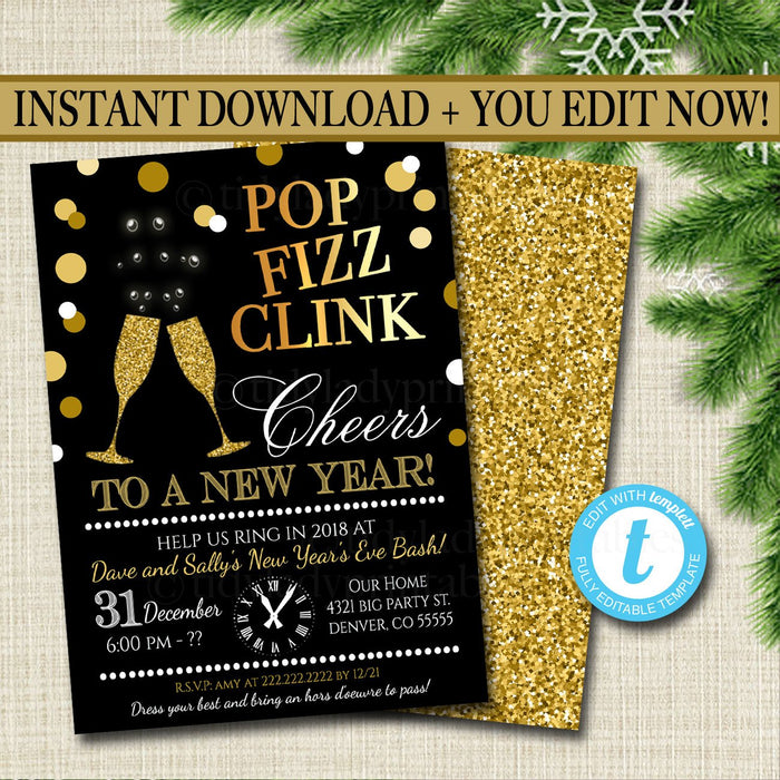 New Years Eve Party Invitation, Adult Holiday Party Invitation Adult Christmas Printable New Years Invite Template