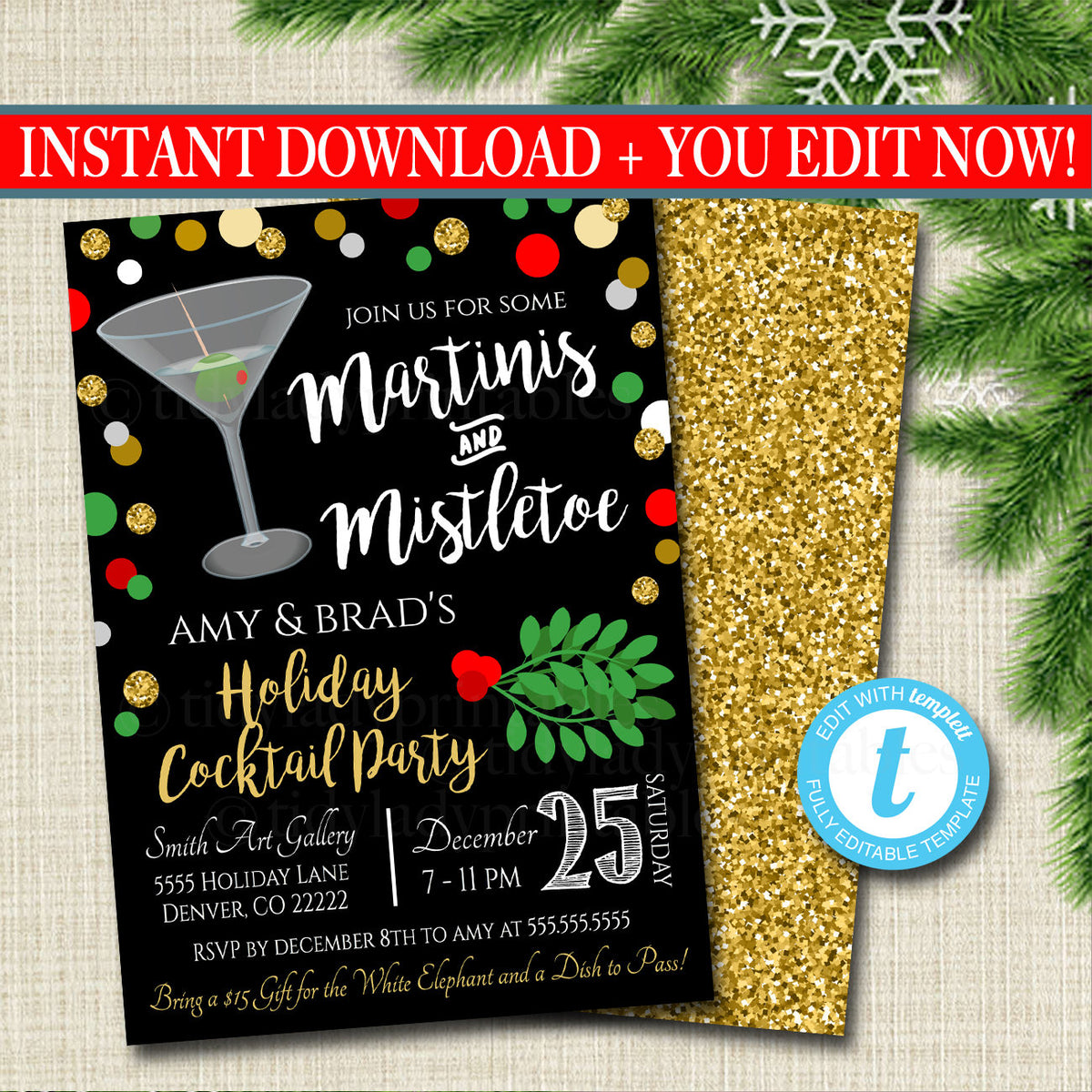 Martinis and Mistletoe Christmas Party Invitation — TidyLady Printables