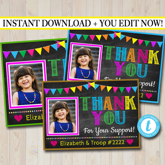 Photo Thank You Note,  Printable Thank You Card Template, Cookie Receipt Product Delivery Thank You Troop Printable