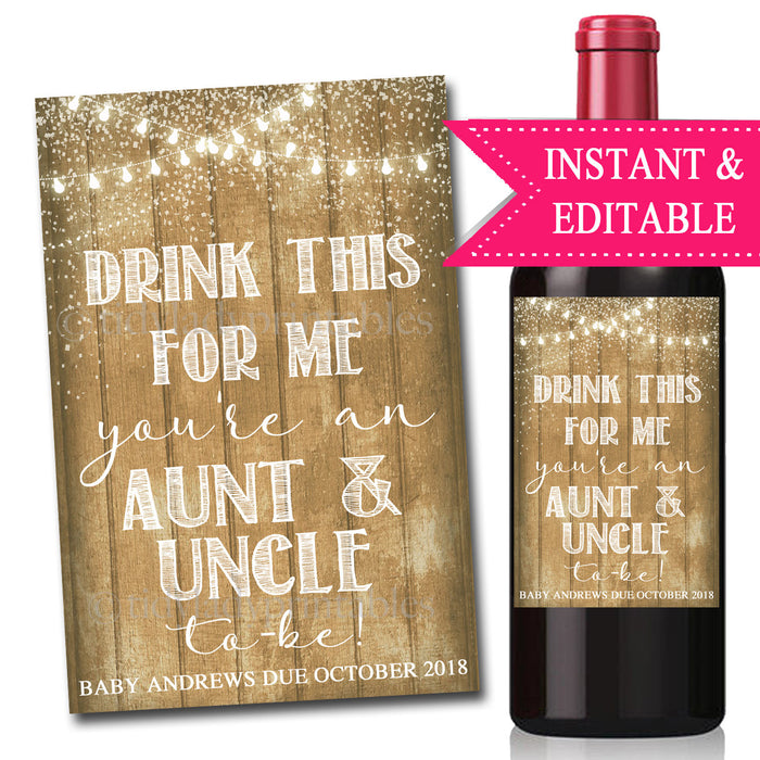Drink This For Me You're An Aunt & Uncle To Be, Digital Wine Label Pregnancy Announcement, In-laws, Friends, Brother Sister Pregnancy Reveal