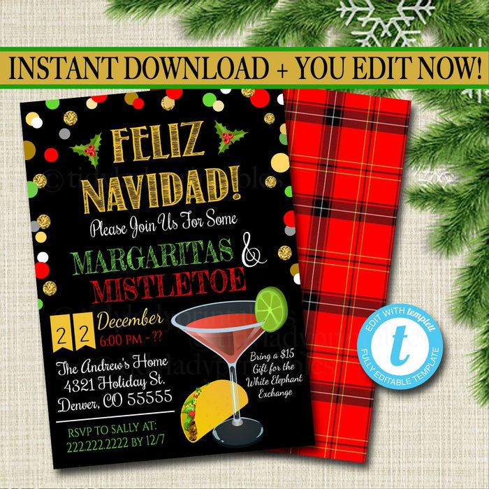 Margaritas and Mistletoe Invitation Christmas Party Invite, Holiday Party Adult Christmas Party Holiday Ugly Sweater  Invite