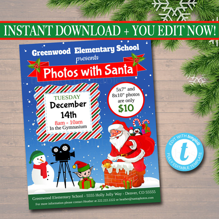 Photos with Santa Flyer, Breakfast with Santa Invitation, Kids Christmas Party Invitation, Printable Community Holiday Event Flyer