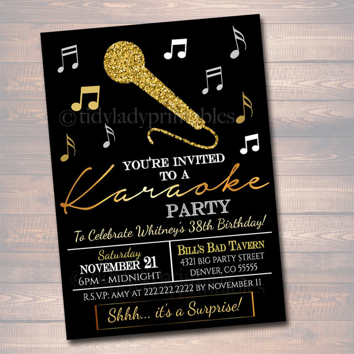 Adult Karaoke Party Invitation, Birthday Invitation, DIY  Invite, Black & Gold Party Invitation, Karaoke Party Singing Party