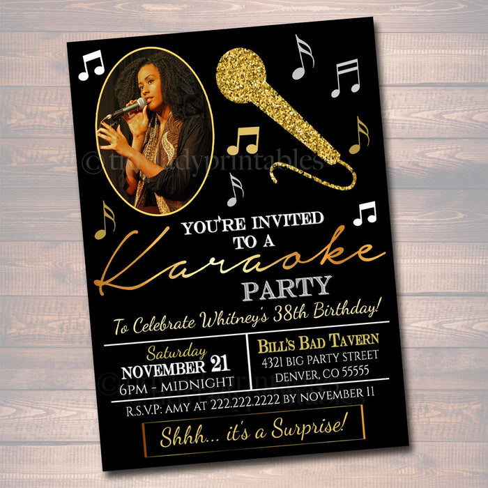 Adult Karaoke Party Invitation, Birthday Invitation, DIY  Invite, Black & Gold Party Invitation, Karaoke Party Singing Party