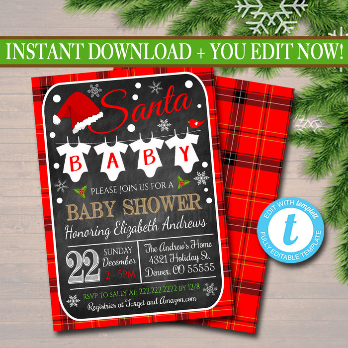 Christmas Baby Shower Party Invitation, Christmas Invite, Gender Reveal Holiday Invite, Santa Baby! Couples Shower