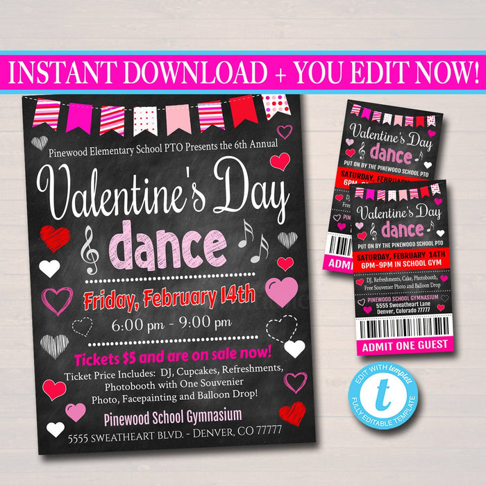 Valentine's Day Dance Set School Dance Flyer Party Invite, Church Community Event, Sweetheart Dance, pto pta,