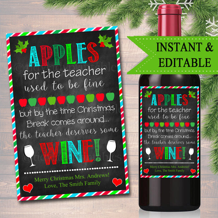 EDITABLE Teacher Gift, Christmas Wine Label INSTANT DOWNLOAD, Printable Teacher Appreciation, Holiday Teacher Wine Label, Gift From Student