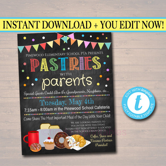 Pastries With Parents Event Invite - School Breakfast Parent Appreciation Fundraiser Open House - DIY Editable Template