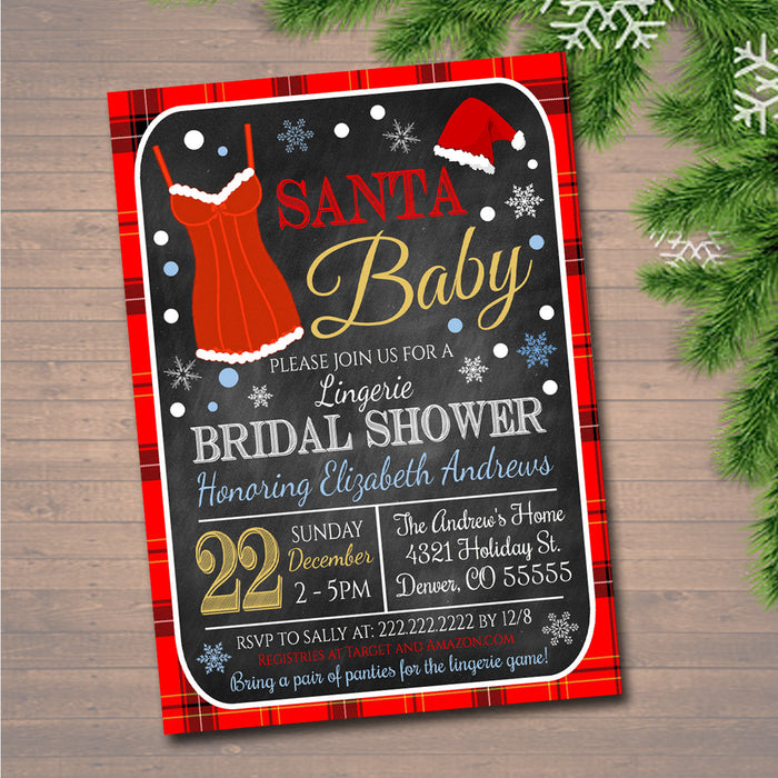 Christmas Bridal Shower Party Invitation Xmas Lingerie Party Invite, Bachelorette Party Holiday Invite Santa Baby!