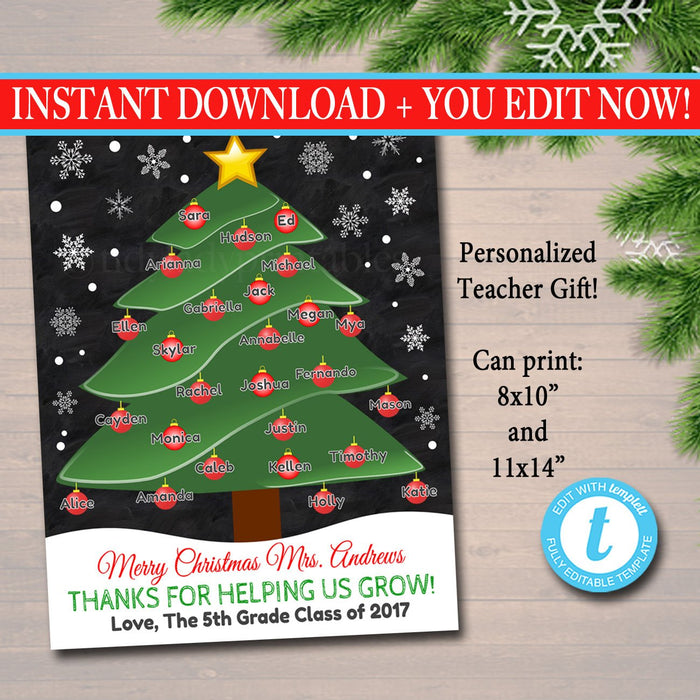 Teaher Gift, Printable Name Tree, Thanks for Helping Us Grow Thumbprint Tree, Fingerprint Tree, Christmas Tree Printable From Class