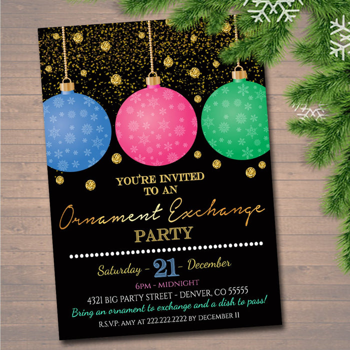 Ornament Exchange Party Invitation Xmas Bridal Shower Invite, Bachelorette Party Holiday Invite, Dirta Santa Party