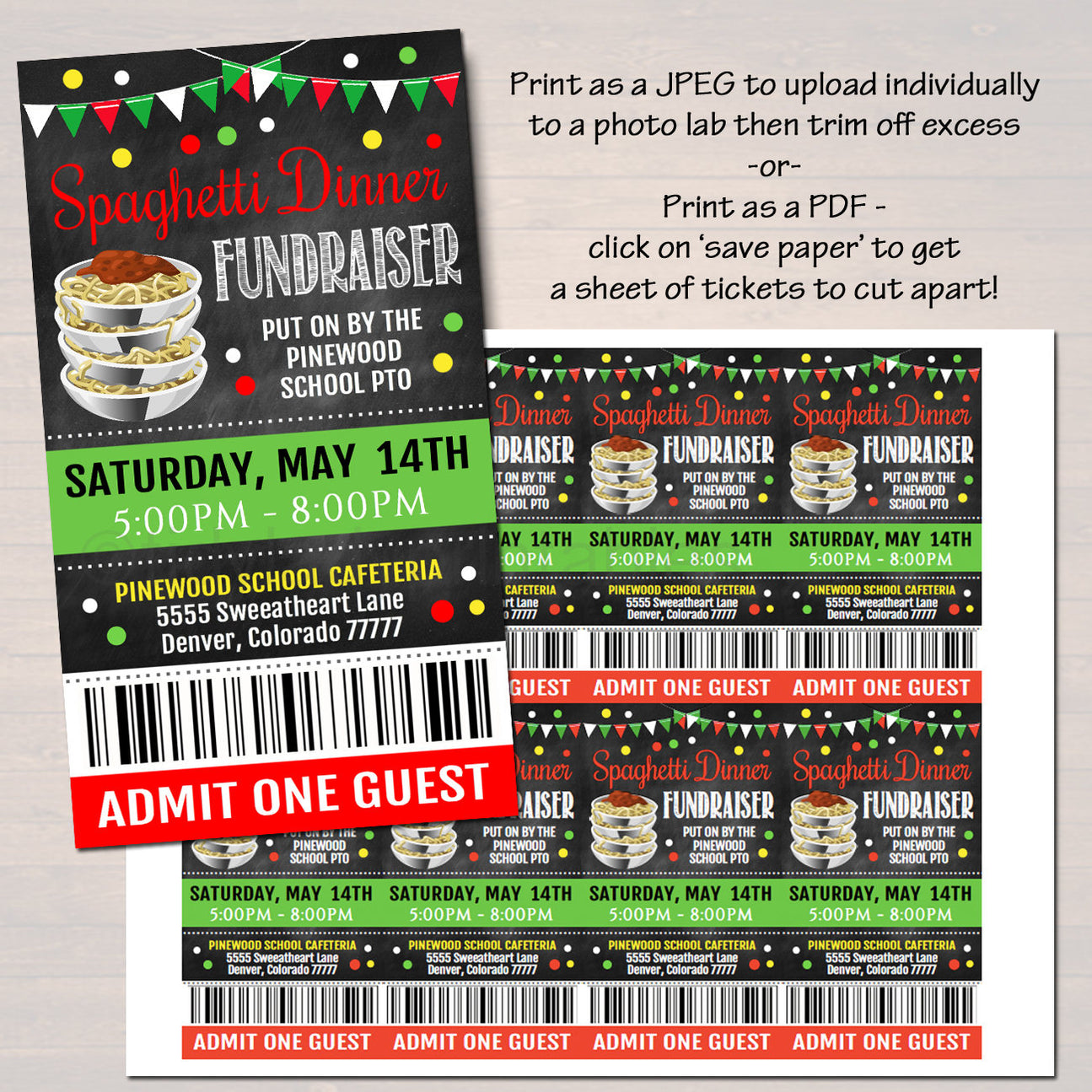 Spaghetti Dinner Fundraiser Flyer Ticket Set Template — TidyLady Printables