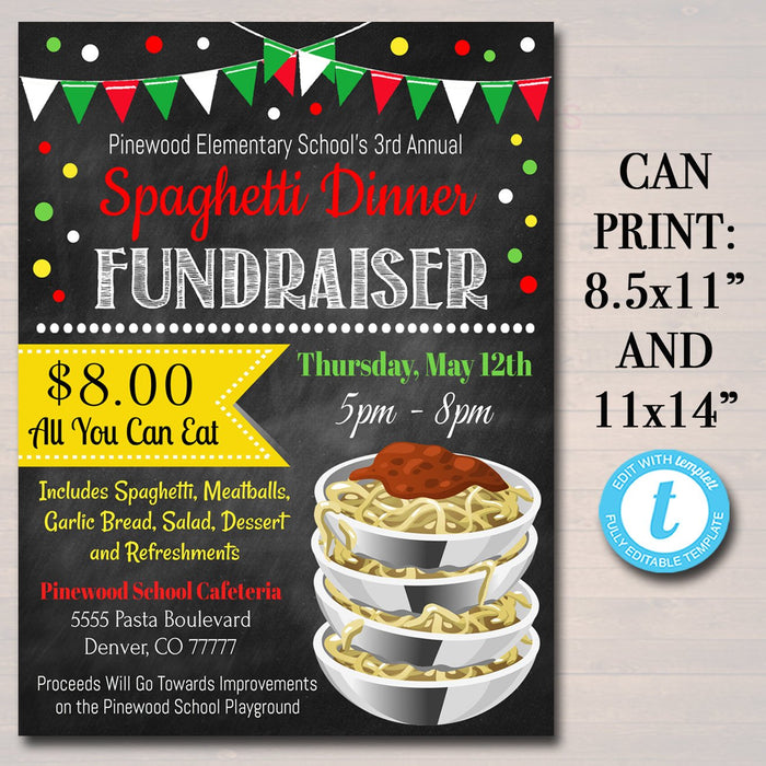 Spaghetti Dinner Fundraiser Flyer And Ticket Set - Editable Template