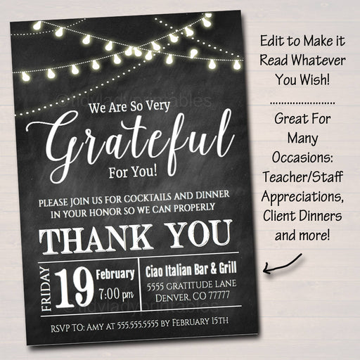 Editable Appreciation Invitation, Grateful For You Teacher Staff Invitation, Chalkboard Printable, Boss Client Thank You, INSTANT DOWNLOAD