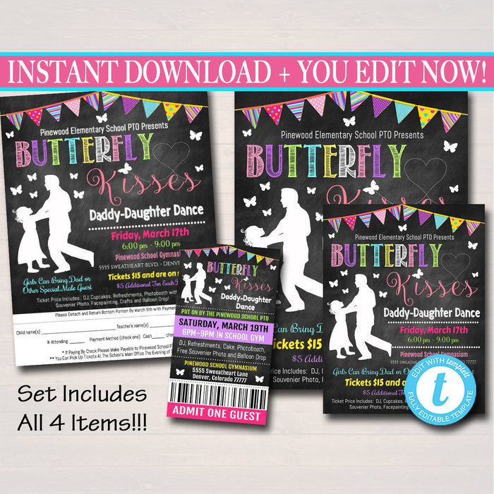 Daddy Daughter Dance Set School Dance Flyer Party Invitation, Butterfly Kisses, Church Community Event, pto, pta,