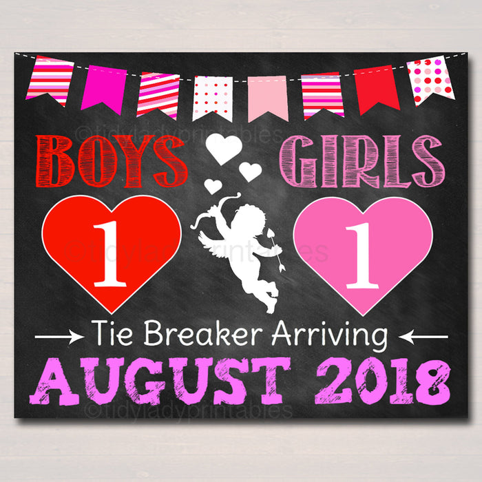 Valentines Tie Breaker Pregnancy Announcement, Printable Chalkboard Poster Sibling Pregancy Reveal Expecting Third Child Photo Prop