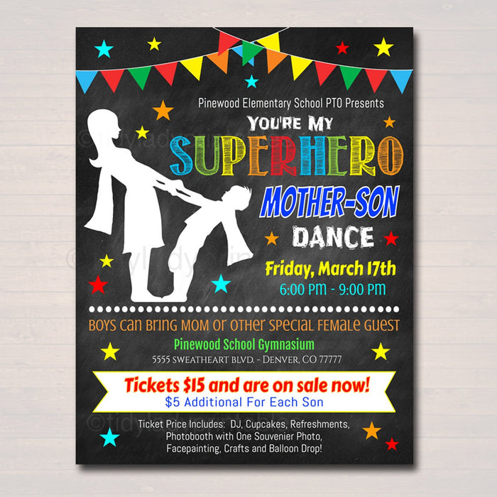 Mother Son School Dance Printable Flyer,  Template, Pto Pta Invitation, School Church Fundraiser Event Superhero